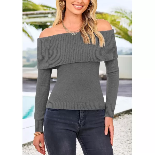 imagePRETTYGARDEN Womens Fall Off Shoulder Sweaters Y2K Long Sleeve Ribbed Knit Fitted Pullover Tops BlouseMid Grey