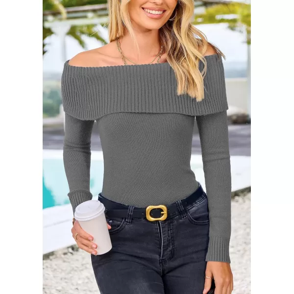 imagePRETTYGARDEN Womens Fall Off Shoulder Sweaters Y2K Long Sleeve Ribbed Knit Fitted Pullover Tops BlouseMid Grey
