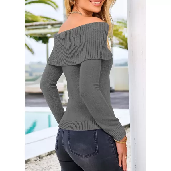 imagePRETTYGARDEN Womens Fall Off Shoulder Sweaters Y2K Long Sleeve Ribbed Knit Fitted Pullover Tops BlouseMid Grey