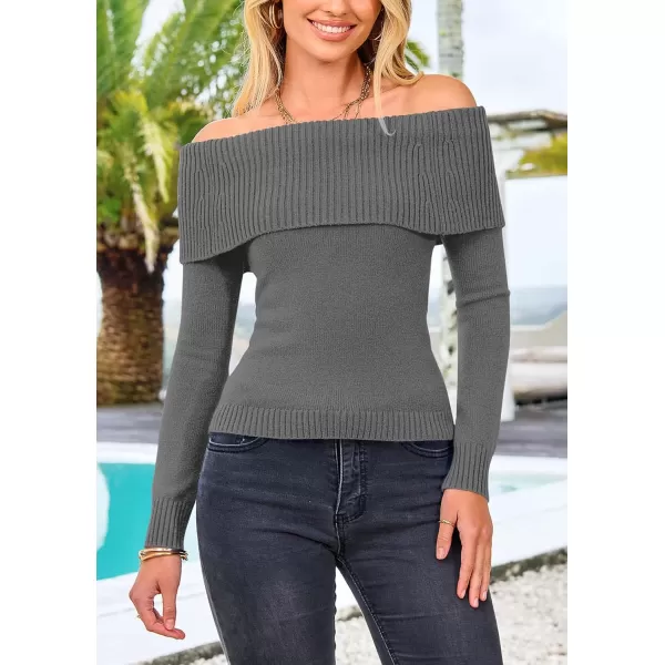 imagePRETTYGARDEN Womens Fall Off Shoulder Sweaters Y2K Long Sleeve Ribbed Knit Fitted Pullover Tops BlouseMid Grey