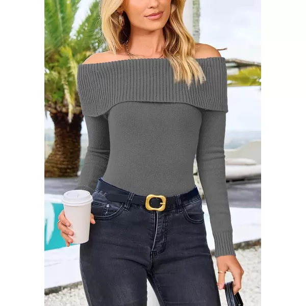 imagePRETTYGARDEN Womens Fall Off Shoulder Sweaters Y2K Long Sleeve Ribbed Knit Fitted Pullover Tops BlouseMid Grey