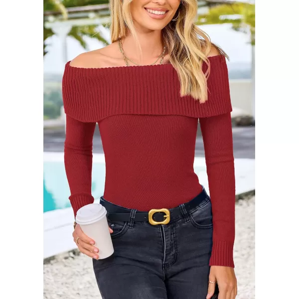 imagePRETTYGARDEN Womens Fall Off Shoulder Sweaters Y2K Long Sleeve Ribbed Knit Fitted Pullover Tops BlouseRust Red
