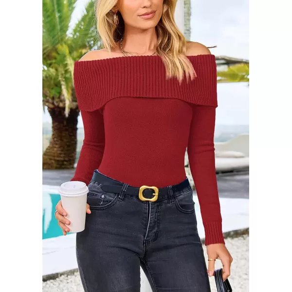 imagePRETTYGARDEN Womens Fall Off Shoulder Sweaters Y2K Long Sleeve Ribbed Knit Fitted Pullover Tops BlouseRust Red