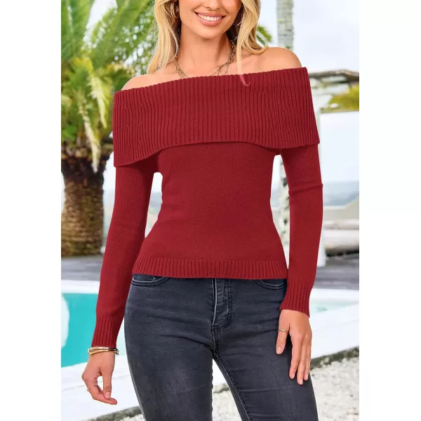 imagePRETTYGARDEN Womens Fall Off Shoulder Sweaters Y2K Long Sleeve Ribbed Knit Fitted Pullover Tops BlouseRust Red