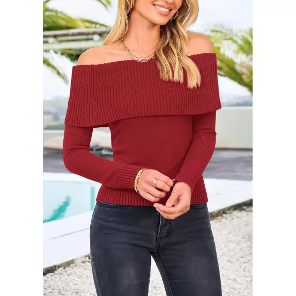 imagePRETTYGARDEN Womens Fall Off Shoulder Sweaters Y2K Long Sleeve Ribbed Knit Fitted Pullover Tops BlouseRust Red