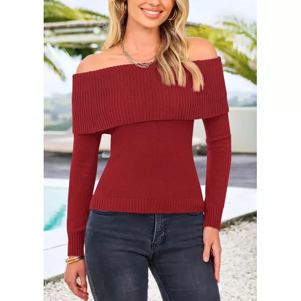 imagePRETTYGARDEN Womens Fall Off Shoulder Sweaters Y2K Long Sleeve Ribbed Knit Fitted Pullover Tops BlouseRust Red