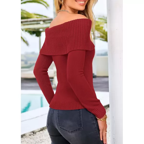 imagePRETTYGARDEN Womens Fall Off Shoulder Sweaters Y2K Long Sleeve Ribbed Knit Fitted Pullover Tops BlouseRust Red