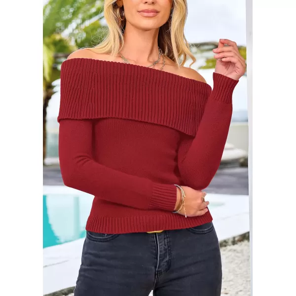 imagePRETTYGARDEN Womens Fall Off Shoulder Sweaters Y2K Long Sleeve Ribbed Knit Fitted Pullover Tops BlouseRust Red