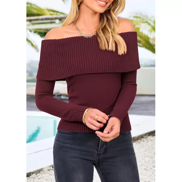imagePRETTYGARDEN Womens Fall Off Shoulder Sweaters Y2K Long Sleeve Ribbed Knit Fitted Pullover Tops BlouseWine Red