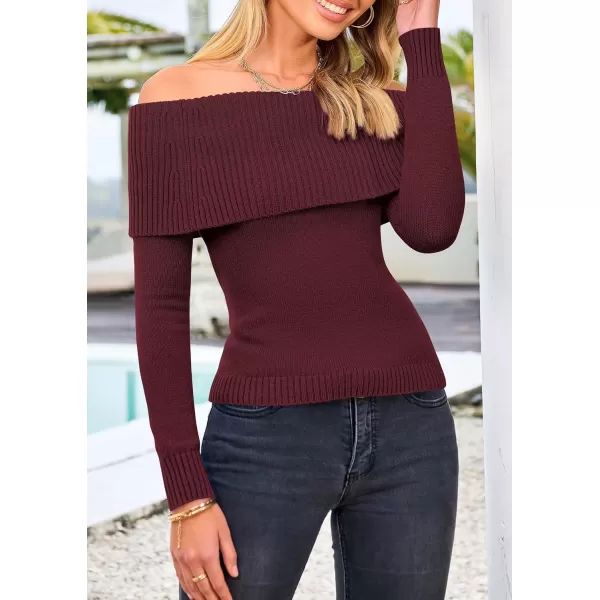 imagePRETTYGARDEN Womens Fall Off Shoulder Sweaters Y2K Long Sleeve Ribbed Knit Fitted Pullover Tops BlouseWine Red