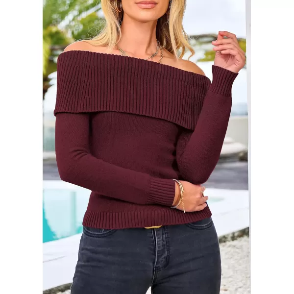 imagePRETTYGARDEN Womens Fall Off Shoulder Sweaters Y2K Long Sleeve Ribbed Knit Fitted Pullover Tops BlouseWine Red