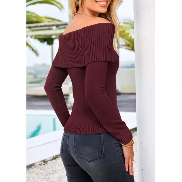 imagePRETTYGARDEN Womens Fall Off Shoulder Sweaters Y2K Long Sleeve Ribbed Knit Fitted Pullover Tops BlouseWine Red