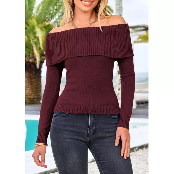 imagePRETTYGARDEN Womens Fall Off Shoulder Sweaters Y2K Long Sleeve Ribbed Knit Fitted Pullover Tops BlouseWine Red