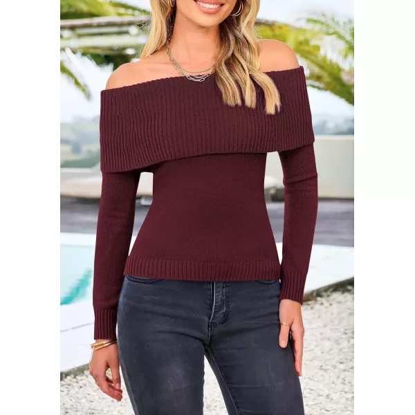 imagePRETTYGARDEN Womens Fall Off Shoulder Sweaters Y2K Long Sleeve Ribbed Knit Fitted Pullover Tops BlouseWine Red