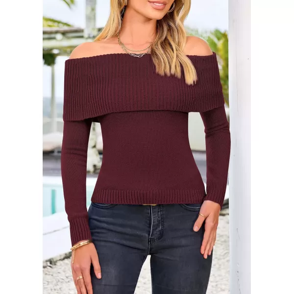 imagePRETTYGARDEN Womens Fall Off Shoulder Sweaters Y2K Long Sleeve Ribbed Knit Fitted Pullover Tops BlouseWine Red