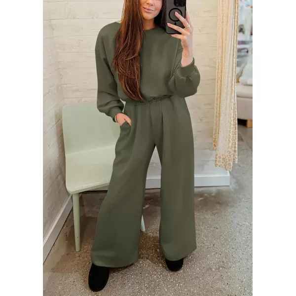 imagePRETTYGARDEN Womens Fall One Piece Jumpsuits Dressy Casual Long Sleeve Elastic Waist Pockets Wide Leg Long Pants RompersArmy Green