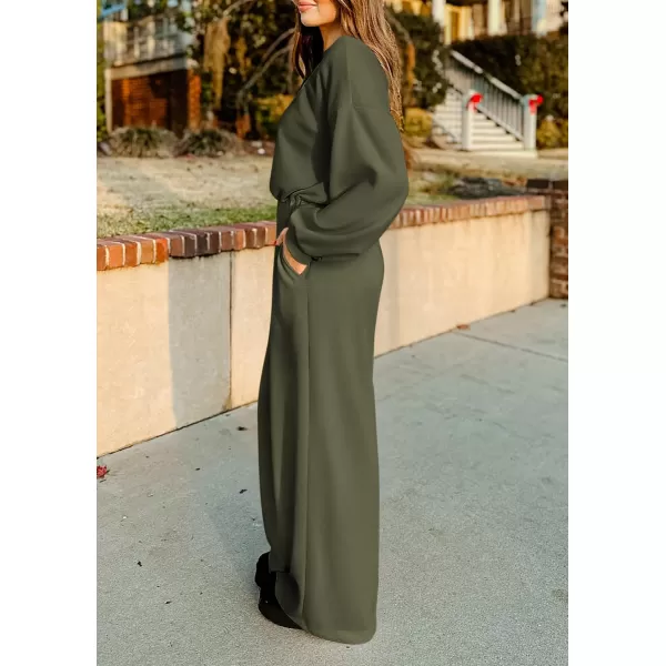 imagePRETTYGARDEN Womens Fall One Piece Jumpsuits Dressy Casual Long Sleeve Elastic Waist Pockets Wide Leg Long Pants RompersArmy Green