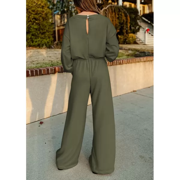 imagePRETTYGARDEN Womens Fall One Piece Jumpsuits Dressy Casual Long Sleeve Elastic Waist Pockets Wide Leg Long Pants RompersArmy Green