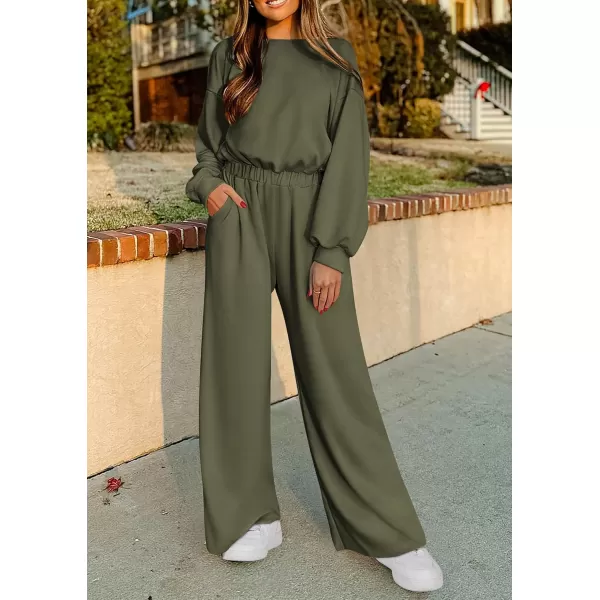 imagePRETTYGARDEN Womens Fall One Piece Jumpsuits Dressy Casual Long Sleeve Elastic Waist Pockets Wide Leg Long Pants RompersArmy Green