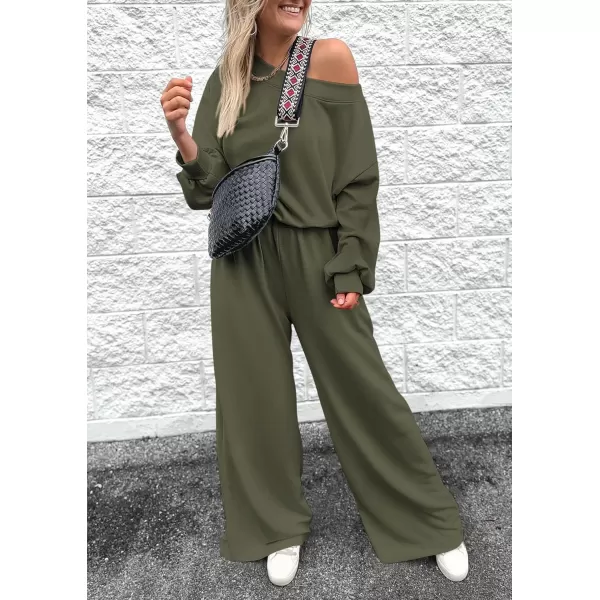 imagePRETTYGARDEN Womens Fall One Piece Jumpsuits Dressy Casual Long Sleeve Elastic Waist Pockets Wide Leg Long Pants RompersArmy Green