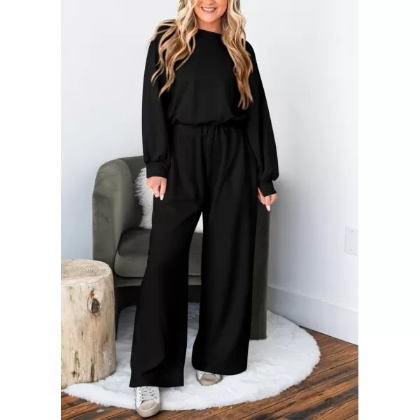 imagePRETTYGARDEN Womens Fall One Piece Jumpsuits Dressy Casual Long Sleeve Elastic Waist Pockets Wide Leg Long Pants RompersBlack