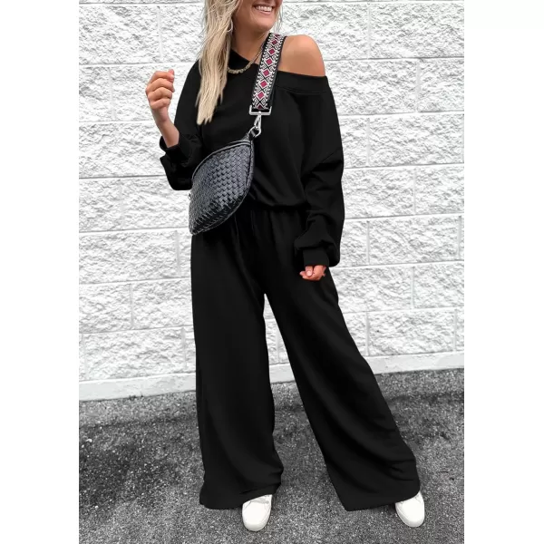 imagePRETTYGARDEN Womens Fall One Piece Jumpsuits Dressy Casual Long Sleeve Elastic Waist Pockets Wide Leg Long Pants RompersBlack