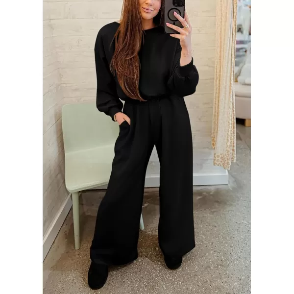 imagePRETTYGARDEN Womens Fall One Piece Jumpsuits Dressy Casual Long Sleeve Elastic Waist Pockets Wide Leg Long Pants RompersBlack