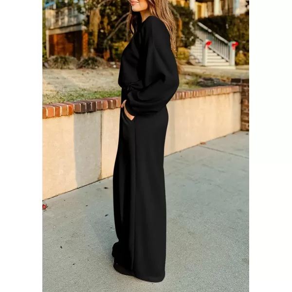 imagePRETTYGARDEN Womens Fall One Piece Jumpsuits Dressy Casual Long Sleeve Elastic Waist Pockets Wide Leg Long Pants RompersBlack