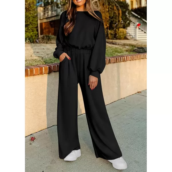 imagePRETTYGARDEN Womens Fall One Piece Jumpsuits Dressy Casual Long Sleeve Elastic Waist Pockets Wide Leg Long Pants RompersBlack
