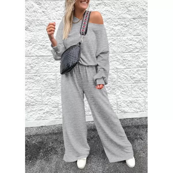 imagePRETTYGARDEN Womens Fall One Piece Jumpsuits Dressy Casual Long Sleeve Elastic Waist Pockets Wide Leg Long Pants RompersGrey
