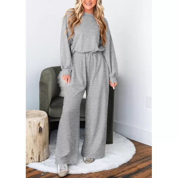 imagePRETTYGARDEN Womens Fall One Piece Jumpsuits Dressy Casual Long Sleeve Elastic Waist Pockets Wide Leg Long Pants RompersGrey