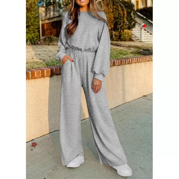 imagePRETTYGARDEN Womens Fall One Piece Jumpsuits Dressy Casual Long Sleeve Elastic Waist Pockets Wide Leg Long Pants RompersGrey