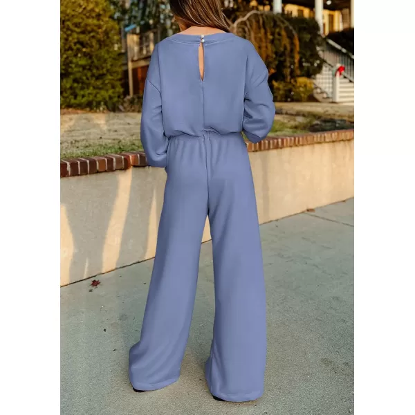 imagePRETTYGARDEN Womens Fall One Piece Jumpsuits Dressy Casual Long Sleeve Elastic Waist Pockets Wide Leg Long Pants RompersGrey Blue