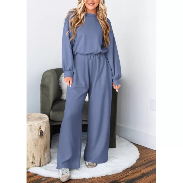 imagePRETTYGARDEN Womens Fall One Piece Jumpsuits Dressy Casual Long Sleeve Elastic Waist Pockets Wide Leg Long Pants RompersGrey Blue