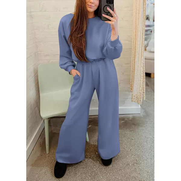 imagePRETTYGARDEN Womens Fall One Piece Jumpsuits Dressy Casual Long Sleeve Elastic Waist Pockets Wide Leg Long Pants RompersGrey Blue
