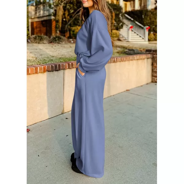 imagePRETTYGARDEN Womens Fall One Piece Jumpsuits Dressy Casual Long Sleeve Elastic Waist Pockets Wide Leg Long Pants RompersGrey Blue