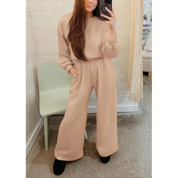 imagePRETTYGARDEN Womens Fall One Piece Jumpsuits Dressy Casual Long Sleeve Elastic Waist Pockets Wide Leg Long Pants RompersKhaki