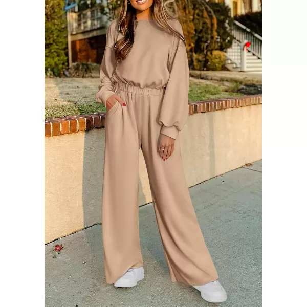 imagePRETTYGARDEN Womens Fall One Piece Jumpsuits Dressy Casual Long Sleeve Elastic Waist Pockets Wide Leg Long Pants RompersKhaki
