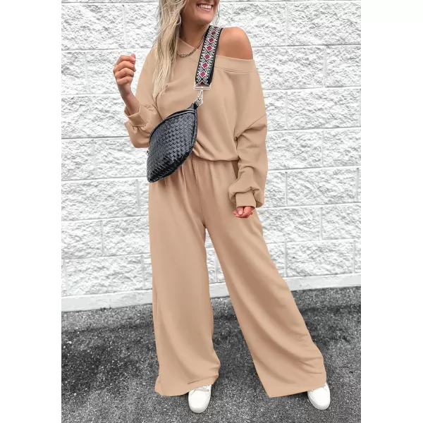 imagePRETTYGARDEN Womens Fall One Piece Jumpsuits Dressy Casual Long Sleeve Elastic Waist Pockets Wide Leg Long Pants RompersKhaki