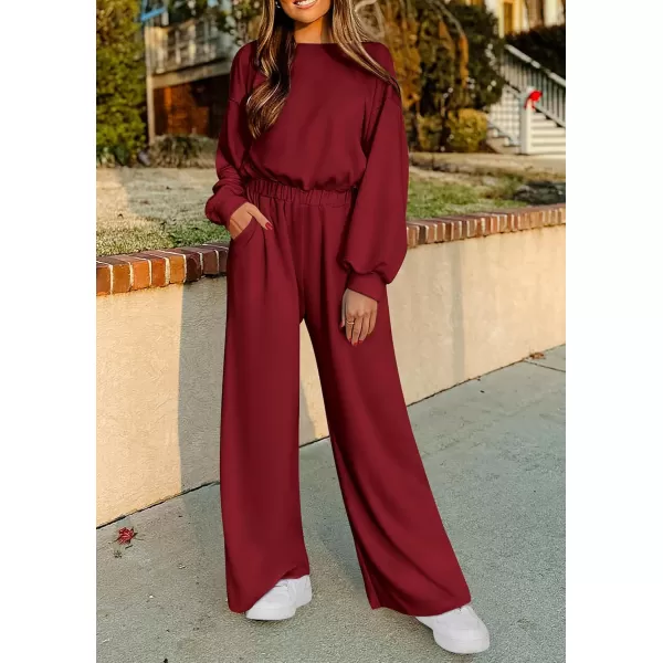 imagePRETTYGARDEN Womens Fall One Piece Jumpsuits Dressy Casual Long Sleeve Elastic Waist Pockets Wide Leg Long Pants RompersWine Red