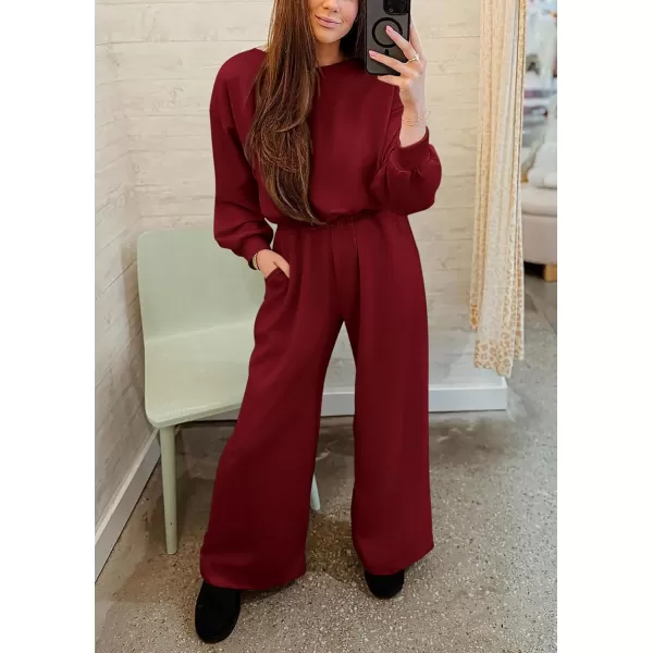 imagePRETTYGARDEN Womens Fall One Piece Jumpsuits Dressy Casual Long Sleeve Elastic Waist Pockets Wide Leg Long Pants RompersWine Red