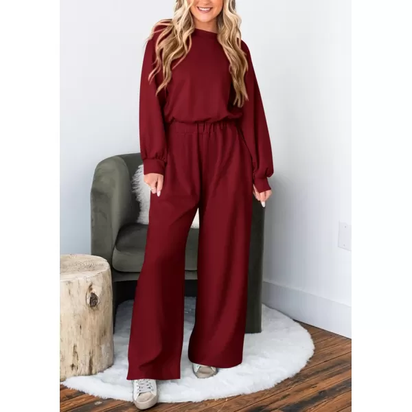 imagePRETTYGARDEN Womens Fall One Piece Jumpsuits Dressy Casual Long Sleeve Elastic Waist Pockets Wide Leg Long Pants RompersWine Red