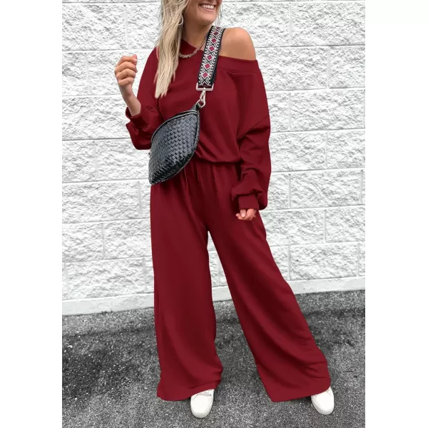 imagePRETTYGARDEN Womens Fall One Piece Jumpsuits Dressy Casual Long Sleeve Elastic Waist Pockets Wide Leg Long Pants RompersWine Red