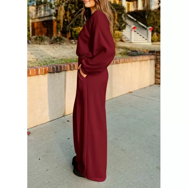 imagePRETTYGARDEN Womens Fall One Piece Jumpsuits Dressy Casual Long Sleeve Elastic Waist Pockets Wide Leg Long Pants RompersWine Red