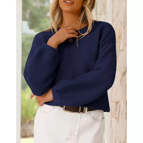 imagePRETTYGARDEN Womens Fall Sweaters 2024 Casual Loose Crewneck Ribbed Long Sleeve Top Knit Pullover SweaterDark Blue