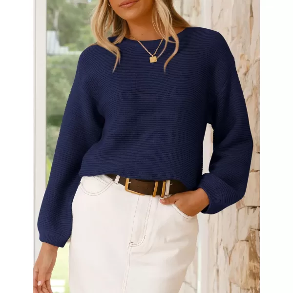 imagePRETTYGARDEN Womens Fall Sweaters 2024 Casual Loose Crewneck Ribbed Long Sleeve Top Knit Pullover SweaterDark Blue
