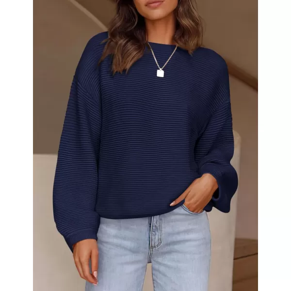 imagePRETTYGARDEN Womens Fall Sweaters 2024 Casual Loose Crewneck Ribbed Long Sleeve Top Knit Pullover SweaterDark Blue