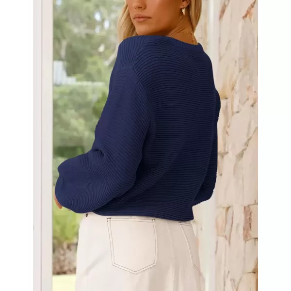 imagePRETTYGARDEN Womens Fall Sweaters 2024 Casual Loose Crewneck Ribbed Long Sleeve Top Knit Pullover SweaterDark Blue