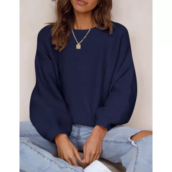 imagePRETTYGARDEN Womens Fall Sweaters 2024 Casual Loose Crewneck Ribbed Long Sleeve Top Knit Pullover SweaterDark Blue