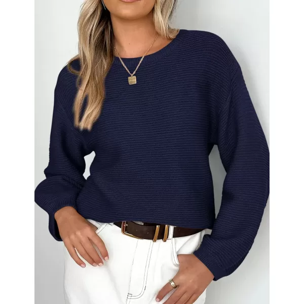imagePRETTYGARDEN Womens Fall Sweaters 2024 Casual Loose Crewneck Ribbed Long Sleeve Top Knit Pullover SweaterDark Blue